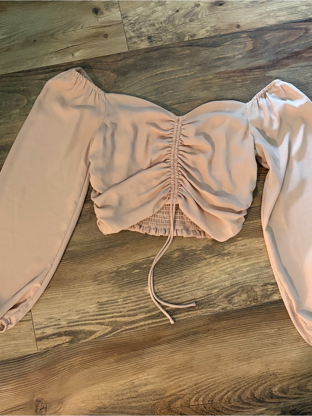 Style Rack Dusty Peach Off-Shoulder Ruched Drawstring Crop Top